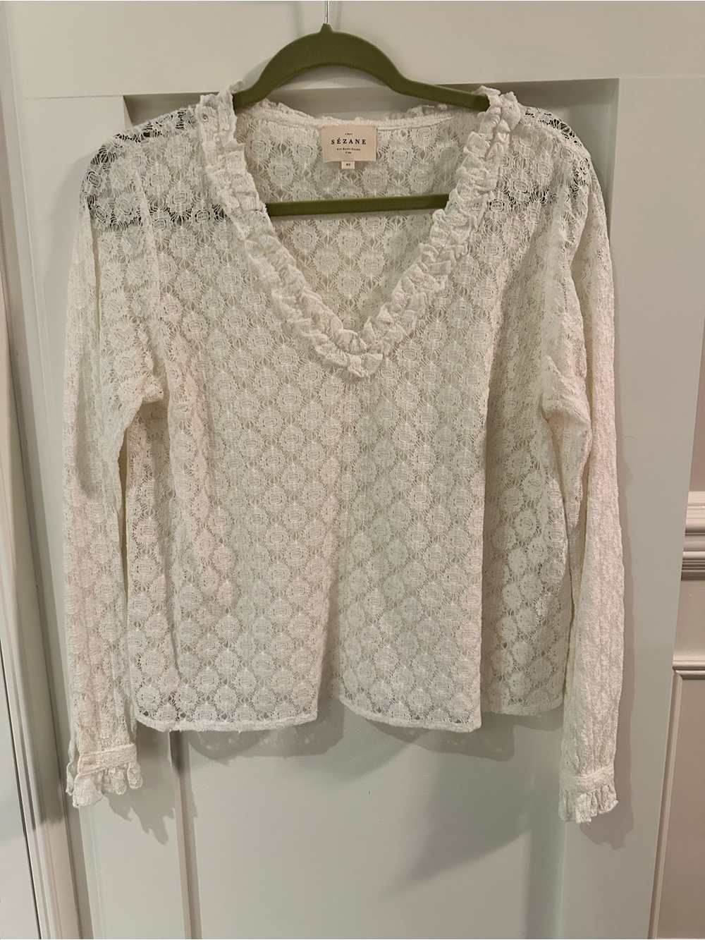 Sézane Ecru Blouse Leonora - Lace V-Neck Ruffle Blouse